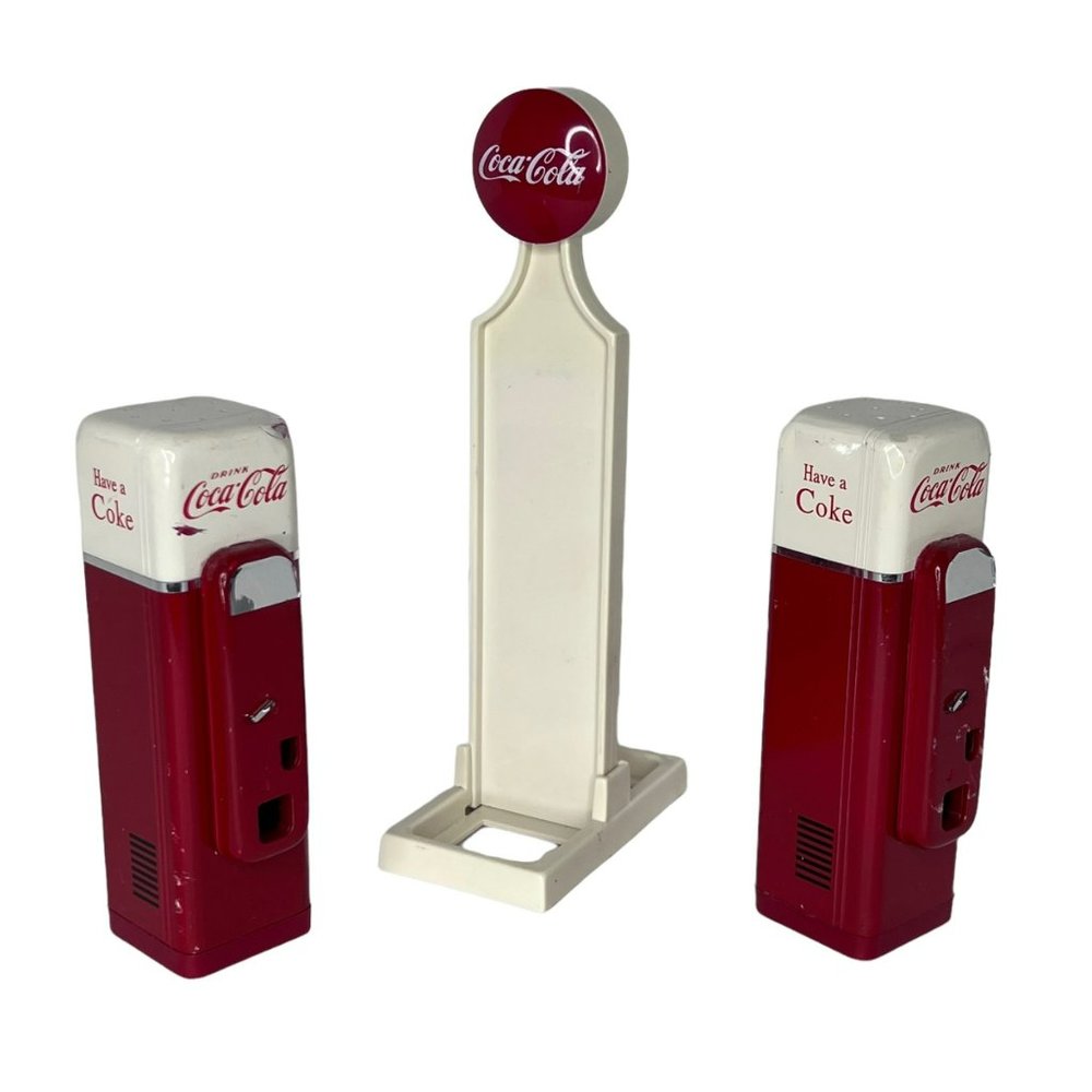 Coca-Cola Salt and Pepper Shaker Set Gas Pump with Holder Vintage Coke 7.5"